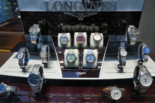 HONG KONG, CHINA - NOVEMBER 4, 2025: Longines Swiss luxury brand watches on window display in a watch store in Hong Kong.