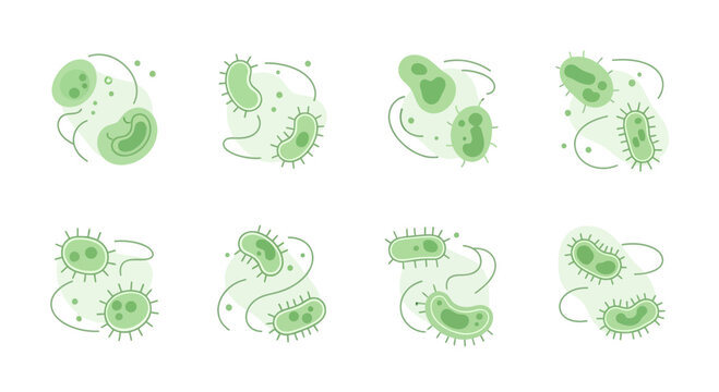 Set of green abstract bacteria and viruses icons, microscopic organisms, scientific illustration