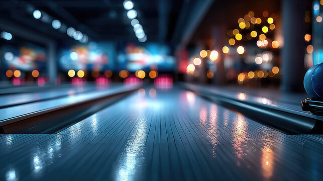 Blurred background of bowling center, bowling lanes, ball, game, sport, recreation, bowling club, copy space, bokeh