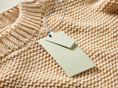 Beige knitted sweater with blank tags on wooden surface, showcasing texture and design. Germany