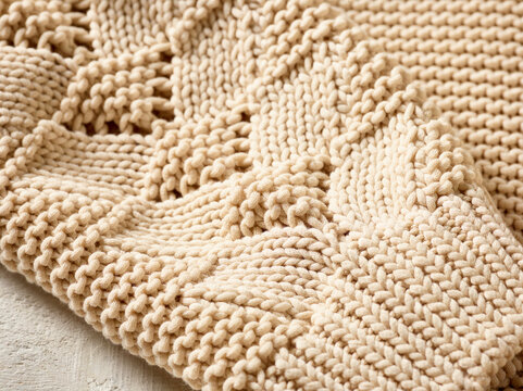 Close-up of detailed beige knitted fabric with textured pattern on light background. Germany