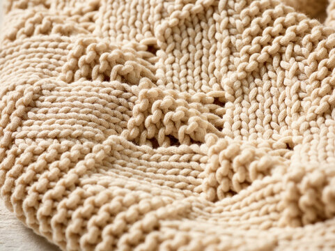 Close-up of a beige knitted fabric with intricate patterns and textures. Germany