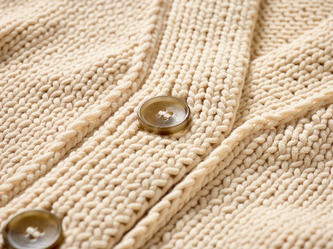 Close-up of a beige knitted fabric with two brown buttons in focus Germany