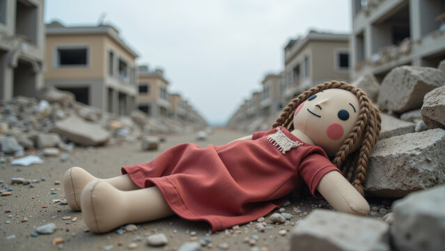 Abandoned doll rubble destruction disaster urban damaged street sadness aftermath broken