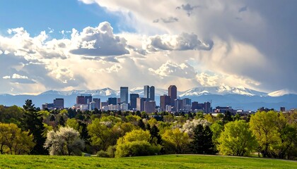 Fototapeta premium A city skyline with trees and a cloudy sky
