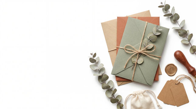 Recycled paper envelope eco gift set flat lay with dried botanicals wax seal on white background