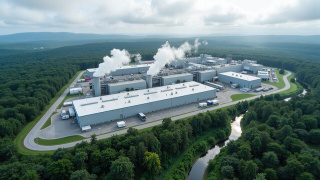 Large industrial factory building with white roof, surrounded by forest, trucks, and smoke stacks, under cloudy sky, peaceful atmosphere
