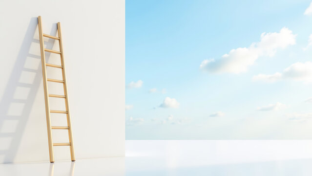 Wooden ladder white wall blue sky fluffy cloud minimal outdoor sunlight empty space peaceful calm scene