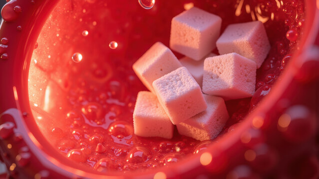 Sugar cube red bowl water droplet closeup macro sweet ingredient food freshness vibrant color