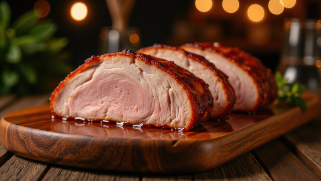 Juicy roasted pork crispy skin tender meat wooden board rustic style warm lighting delicious dinner gourmet meal