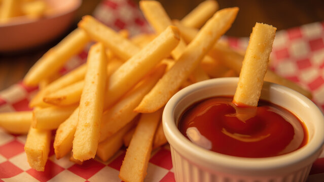 French fry potato ketchup snack golden crispy fast food appetizer delicious salty closeup dipping comfort food lunch dinner