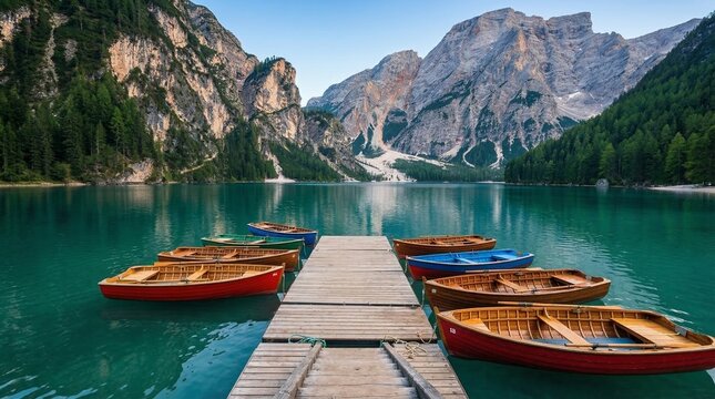 Wooden Rowing Boats Moored at Pier on Beautiful Mountain Lake