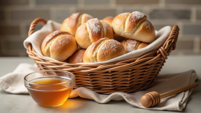 Freshly baked bread roll, golden brown, sprinkled with powdered sugar, in wicker basket with honey and honey dipper on table