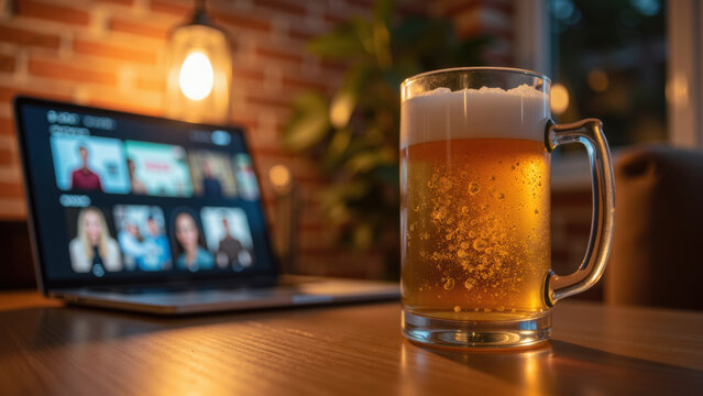 Frosty beer mug golden lager foam head wooden table cozy home office evening light relaxed atmosphere remote work