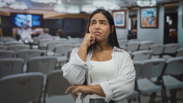 Woman with hand on chin thinking in an auditorium building among rows of empty chairs and a presenter on screen; thoughtful contemplation.