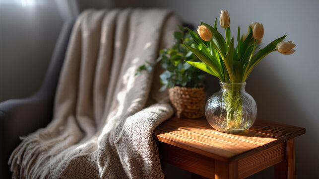 Peaceful cozy spring interior corner features comfortable chair warm throw blanket bright yellow tulip flower glass vase wooden side table