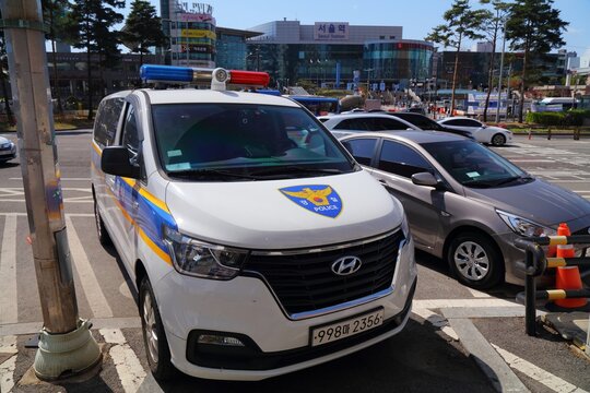 SEOUL, SOUTH KOREA - APRIL 8, 2023: Hyundai police van of South Korean Police parked in Seoul.