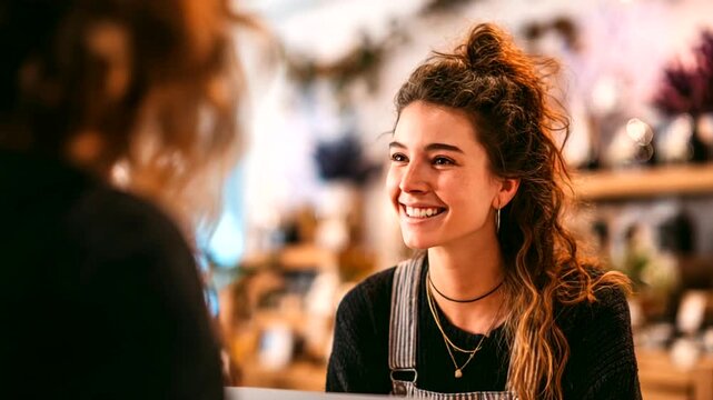 Smiling woman engaging with customer in cozy shop