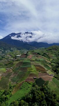 Aerial view of Mt. Kinabalu and agriculture field in Kundasang, Sabah, Malaysia