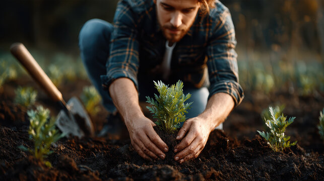 Focused young man planting green plant in spring garden with bare hand touching dark soil feeling peaceful enjoying outdoor farming lifestyle