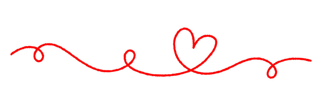 Red thread divider with heart shapes in a romantic style. Wavy, curly line inspired by sewing, yarn, and embroidery textures. Perfect for valentines day designs, invitations, and love themed projects.