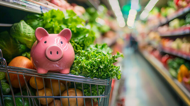A pink piggy bank is standing in a supermarket cart, surrounded by fresh vegetables and herbs. The concept of saving on purchases, family budgets, and reasonable spending.
