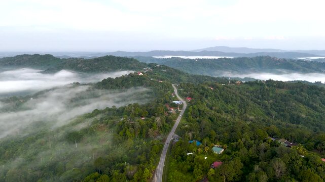 Aerial view Over Federal Highway Kota Kinabalu to Ranau, Tamparuli, Sabah, Malaysia