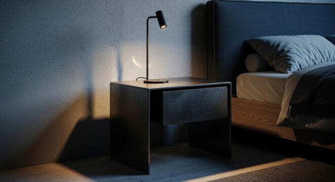 A modern minimalist black bedside table with a sleek metal lamp casting warm light, perfect for contemporary bedroom decor.
