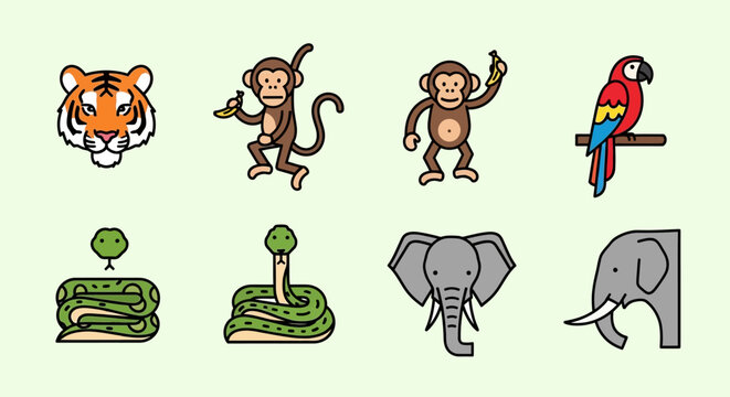 Jungle Animals Icons: Tiger, Monkeys, Parrot, Snake, Elephant