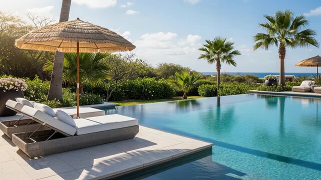 A serene poolside scene with lounge chairs, umbrellas, and palm trees overlooking the ocean