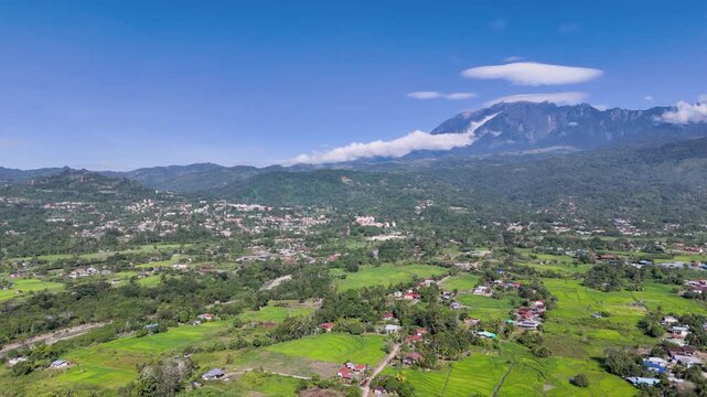 Aerial View of Mount Kinabalu and Paddy Field in Ranau, Sabah, Malaysia