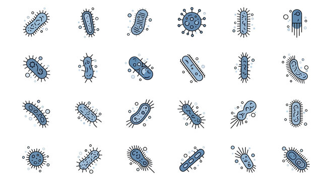 Collection of Blue Bacteria and Virus Icons on White Background