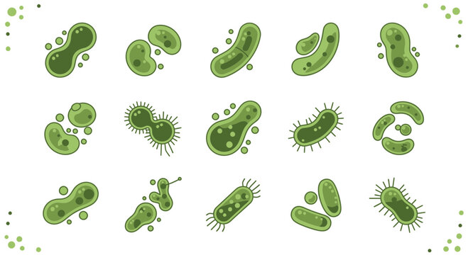 Collection of diverse green bacteria and microbes, scientific illustration
