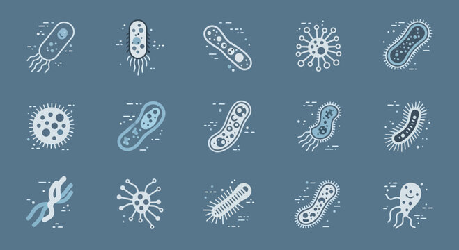 Collection of flat design icons representing various microorganisms and viruses
