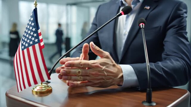 hands of a politician, a man on a pedestal with a microphone, an American flag