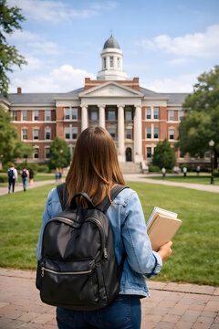 Student walking on campus toward modern university building at sunset