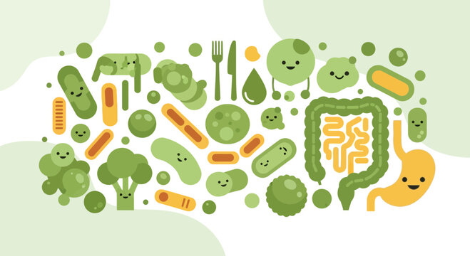 Cute Cartoon Gut Bacteria and Digestive System with Broccoli and Stomach