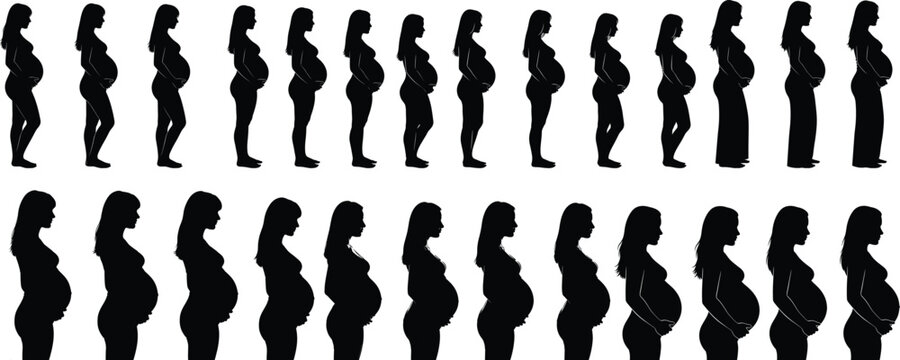 Silhouette of multiple people standing in two rows viewed from side black shapes on white background illustration