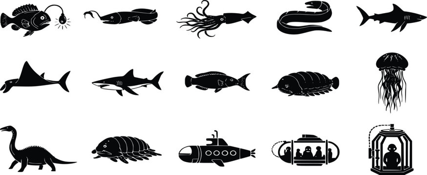 Deep ocean monster silhouette collection abyss creature vector set