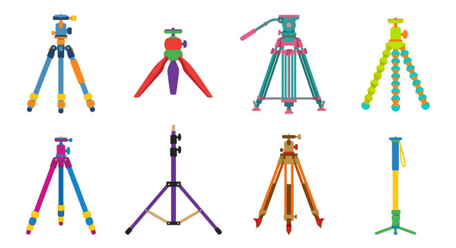 Colorful cartoon tripods and monopods in various designs and arrangements