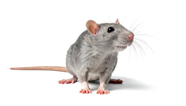 Gray rat stands upright, alert posture, whiskers prominent, against a plain white backdrop