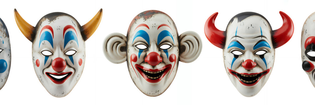Colorful devil clown masks on white background