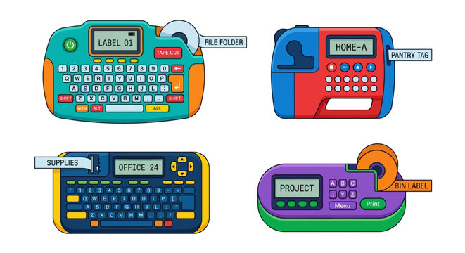 Four colorful cartoon style label makers with digital displays are shown