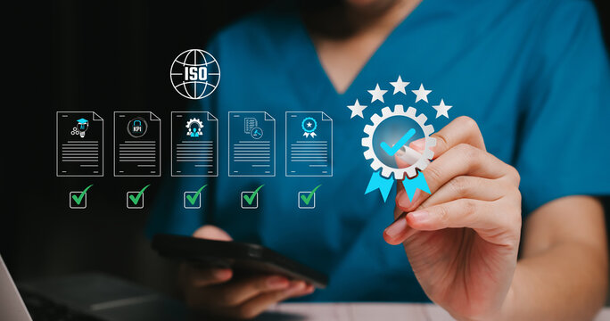 Quality control concept. Business professional hand checking digital checklist with smartphone and laptop, quality assurance compliance audit workflow management, risk control