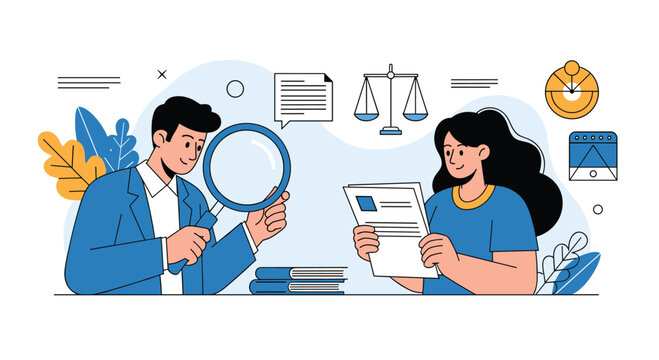 Professional man and woman review legal documents and investigate data using a magnifying glass and scales of justice.