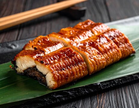 Grilled eel served on banana leaf