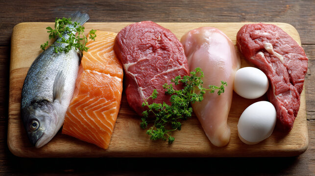 Variety of raw meats and eggs arranged on wooden cutting board