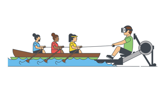 Virtual reality rowing team training on water and machine, synchronized exercise, fitness concept