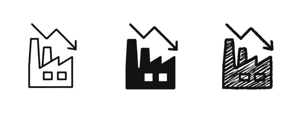 Factory production decline icon set. Industrial crisis, economic downturn, and manufacturing decrease symbols.