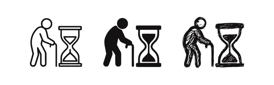 Elderly person and hourglass icon set. Aging process, time passing, and retirement symbols.